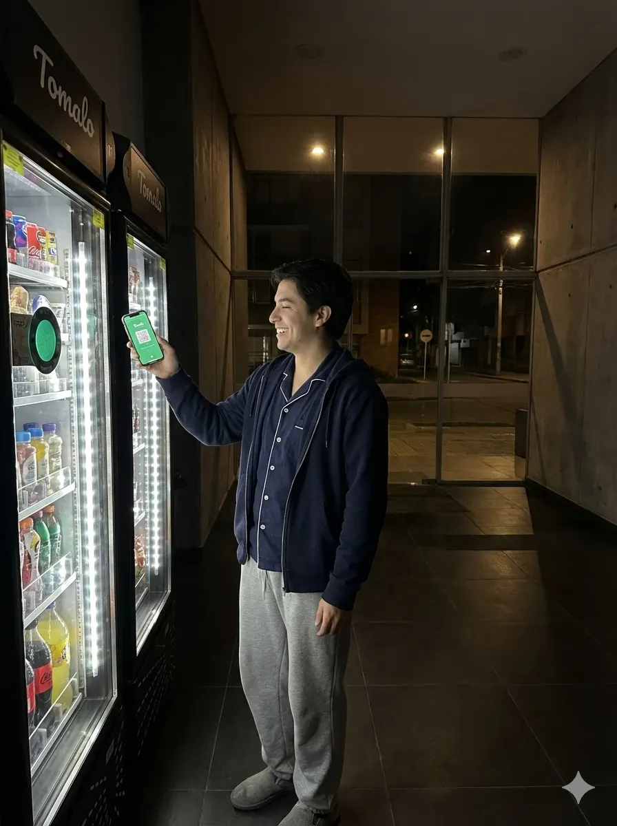 Persona abriendo un micromercado Tómalo con la app en su celular
